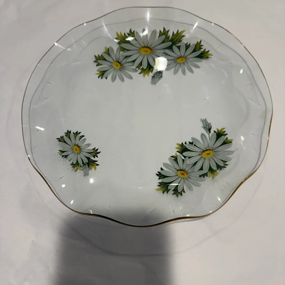 Vintage Pilkington Chance Clear Glass Serving Tray with Daisies & Scalloped Edge